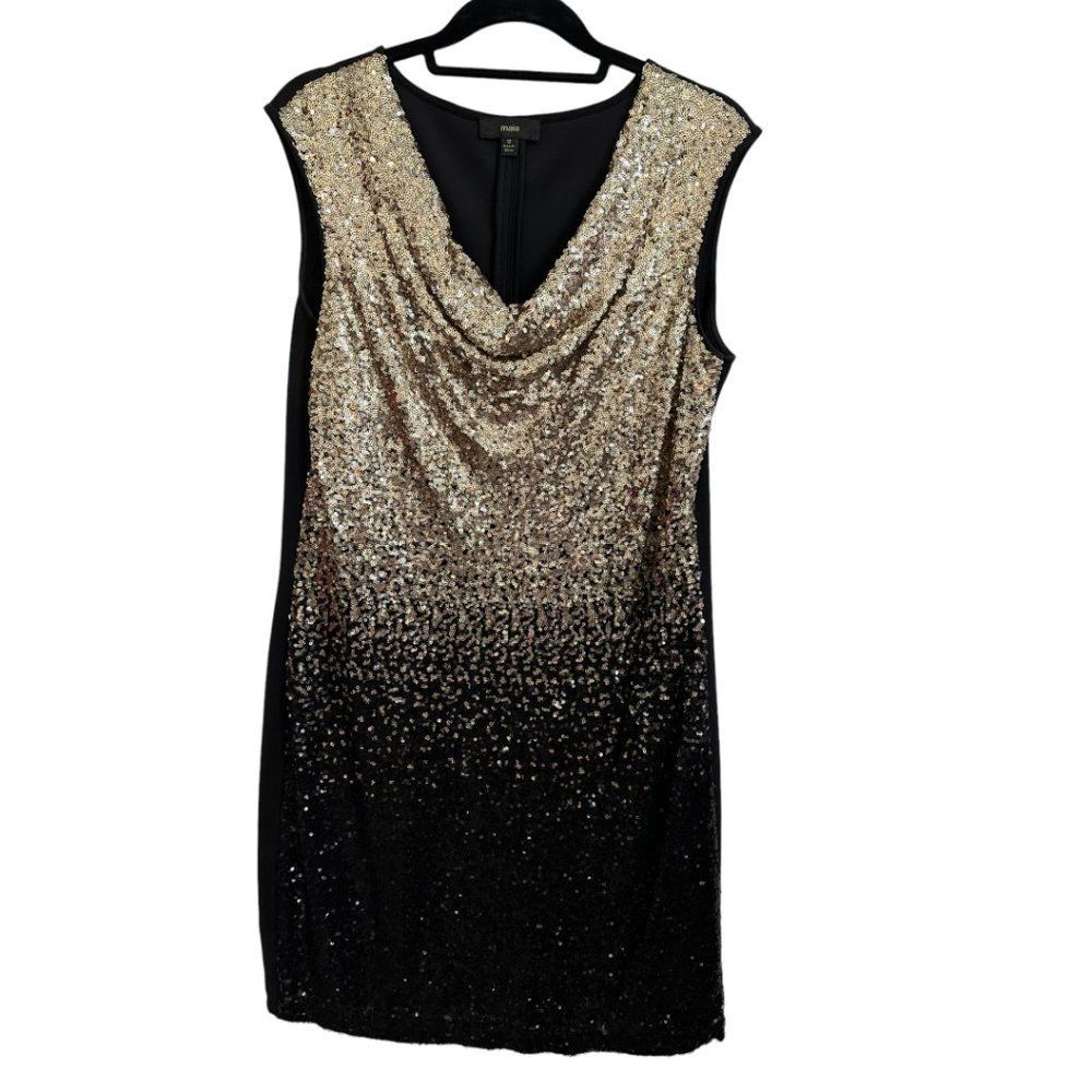 Maia Black and Gold Sequin Sleeveless Dress; Stretchy, Drape neckline Size 12